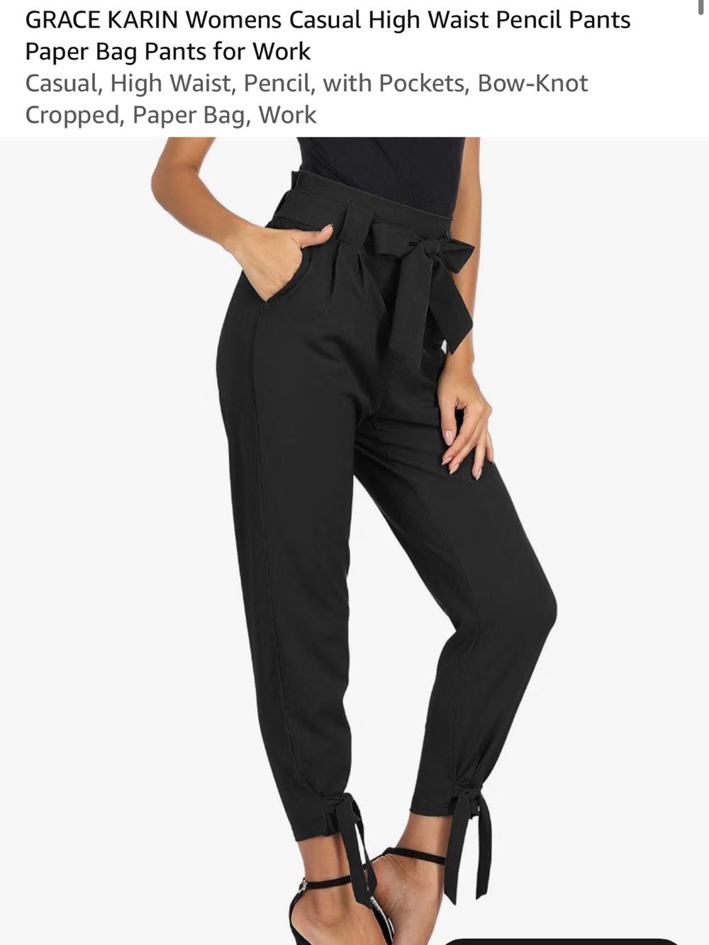 Grace Karin Black High-Waist Paper Bag Pencil Pants with Bow-Tie Ankle